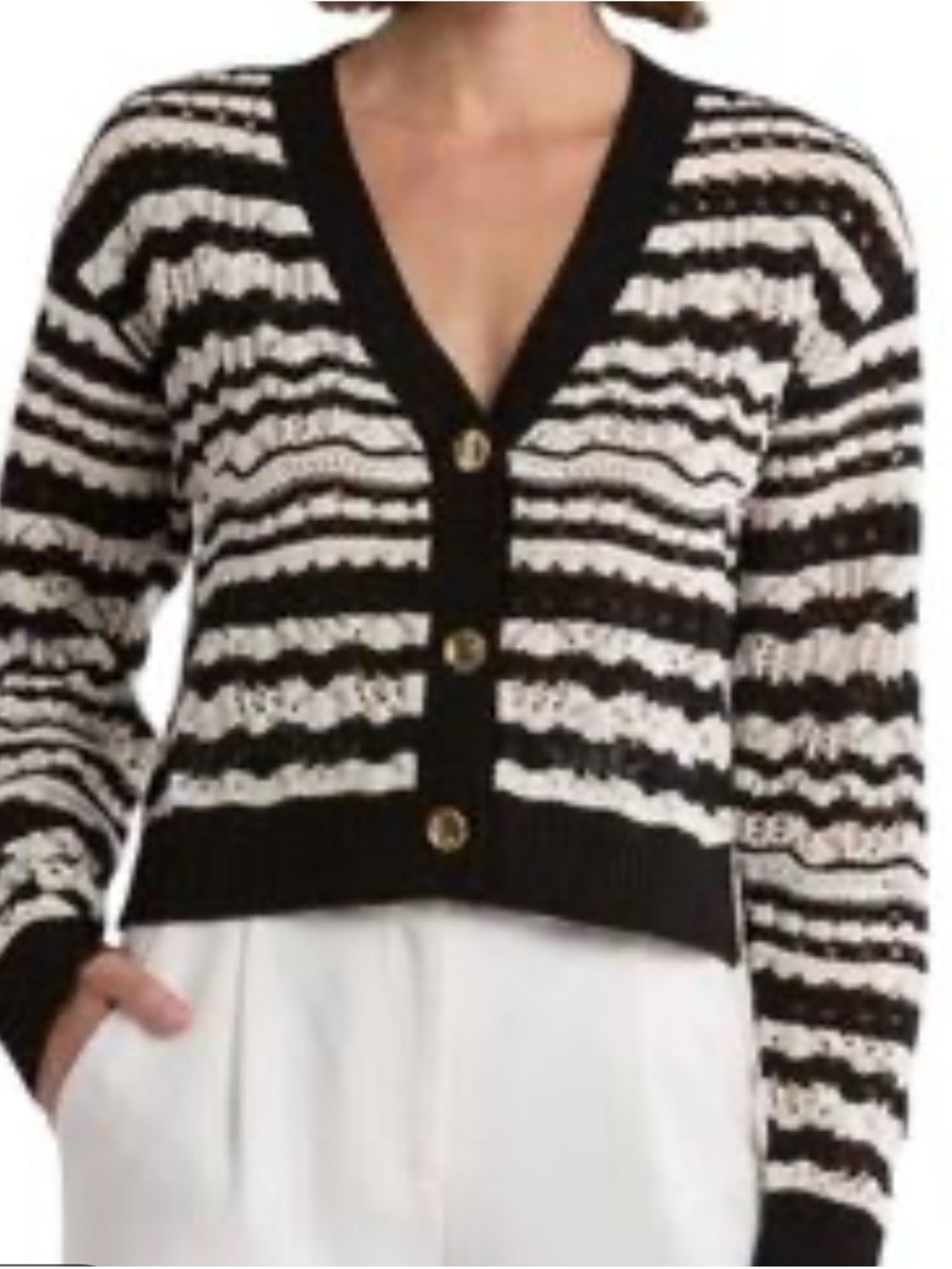 Chinese Laundry Black & White Striped Knit Cardigan with Gold Buttons - Picture 6 of 6